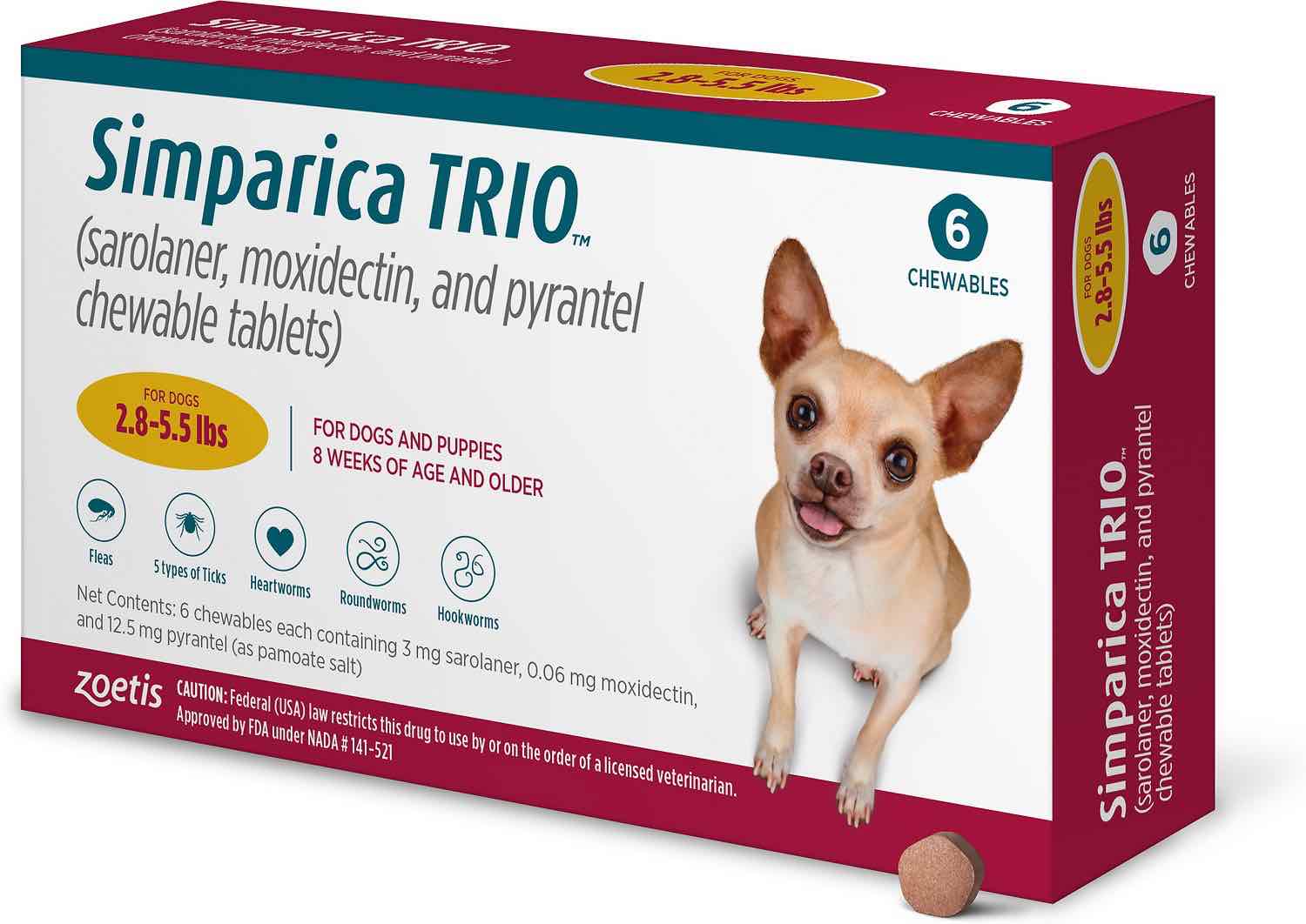 Simparica Trio 6 chewable tablets for dogs 2.8-5.5 lbs (Gold) 1