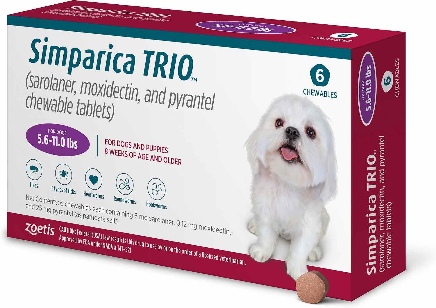 Simparica Trio 6 chewable tablets for dogs 5.6-11 lbs (Purple) 1