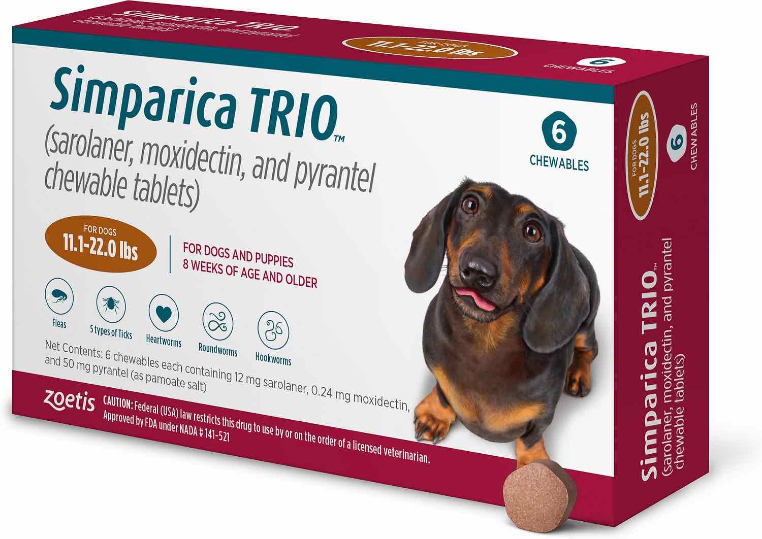 Simparica Trio 6 chewable tablets for dogs 11.1-22 lbs (Caramel) 1