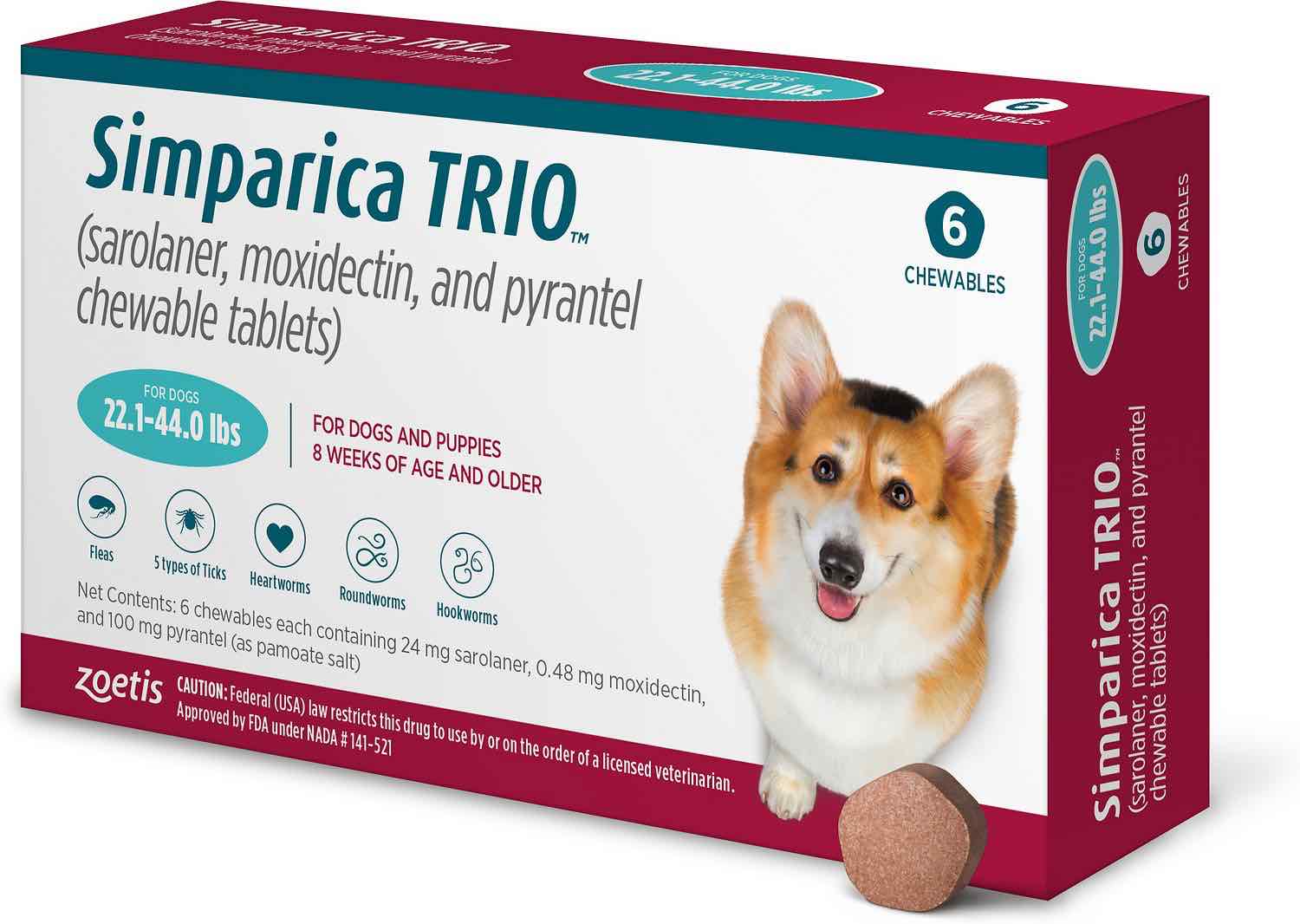 Simparica Trio 6 chewable tablets for dogs 22.1-44 lbs (Blue) 1