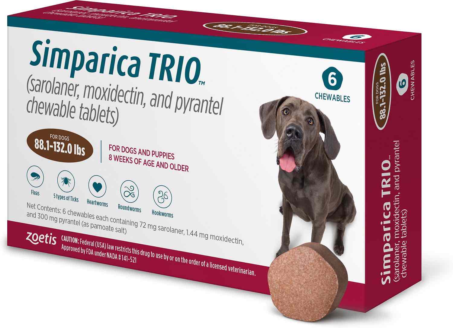 Simparica Trio 6 chewable tablets for dogs 88.1-132 lbs (Brown) 1