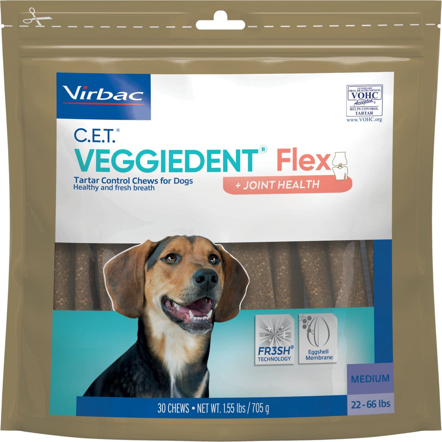 C.E.T. VeggieDent Flex + Salud Articular for medium dogs 22-66 lbs 30 chews 1