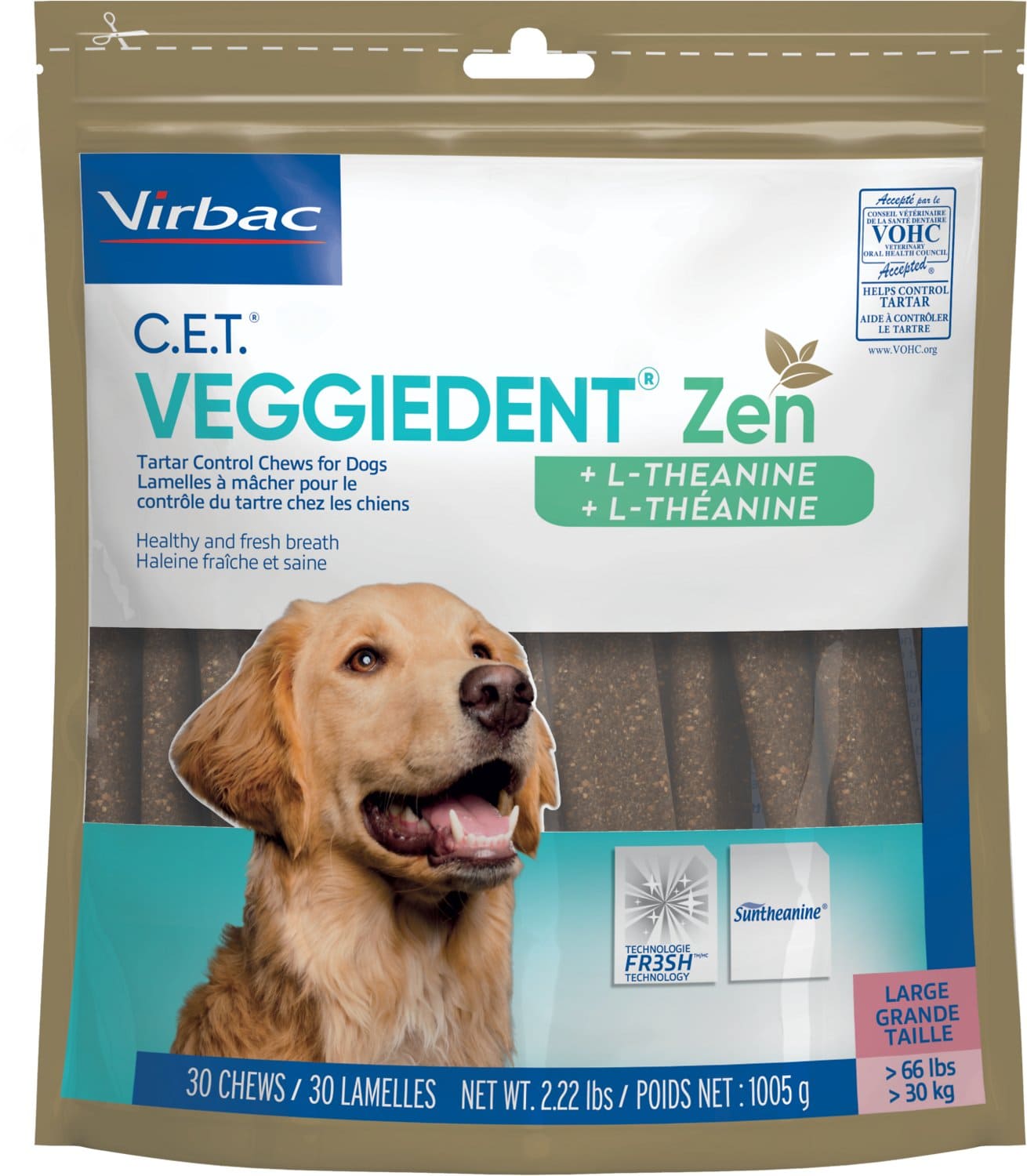 C.E.T. VeggieDent Zen + L-Theanine for large dogs over 66 lbs 30 chews 1