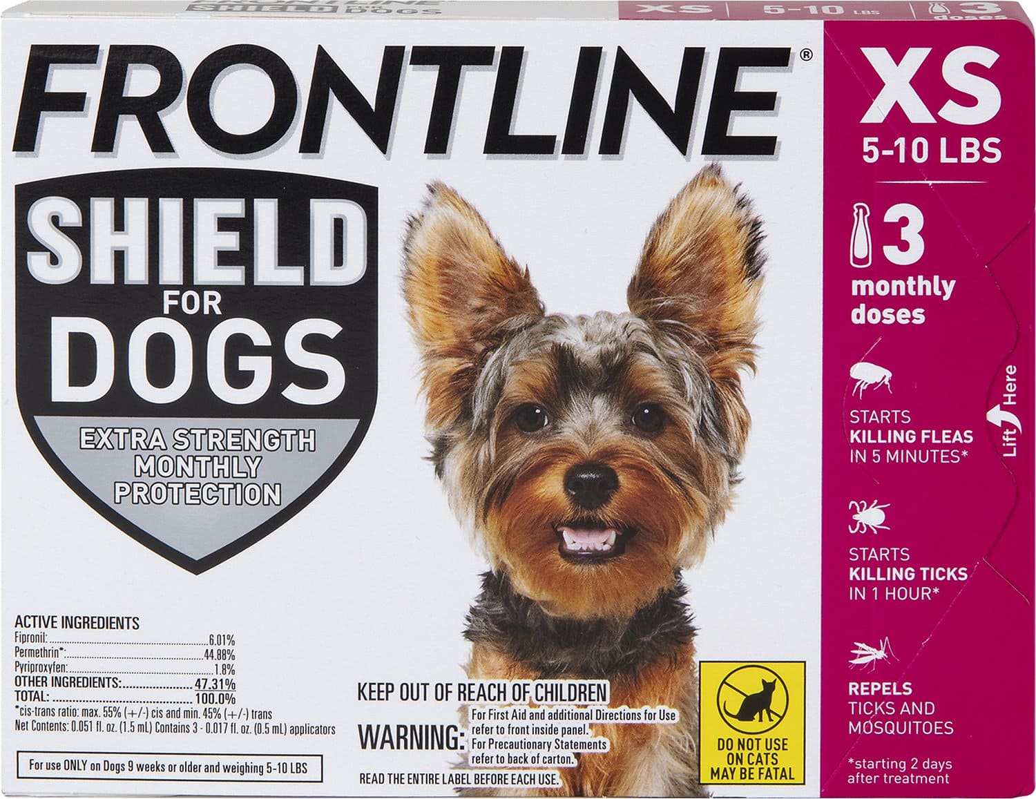 Frontline Shield 3 doses (3-month protection) for extra small dogs 5-10 lbs (Pink) 1