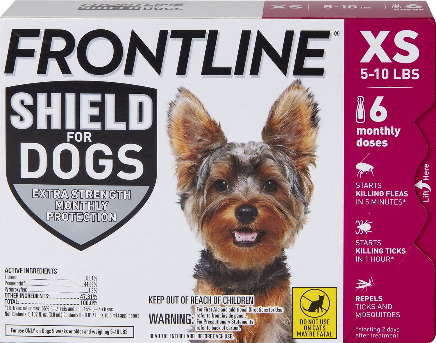 Frontline Shield 6 doses (6-month protection) for extra small dogs 5-10 lbs (Pink) 1
